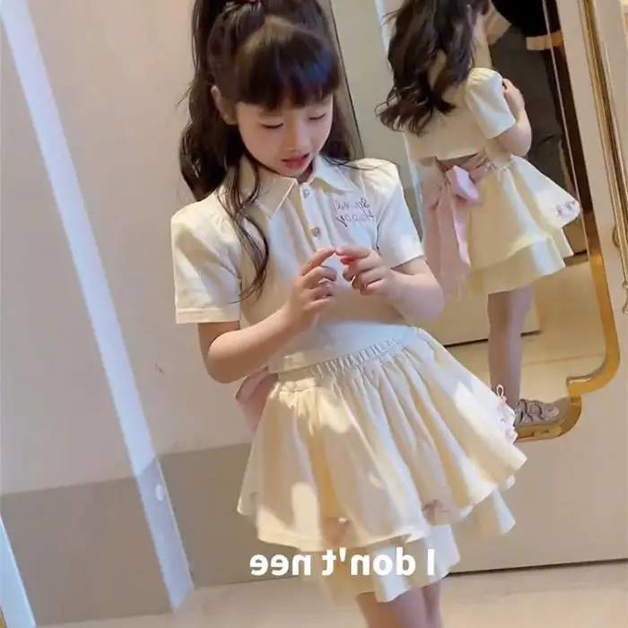 New arrival toddler girls boutique short sleeve letter embroidery poloshirt + bows skirt clothing set for kids