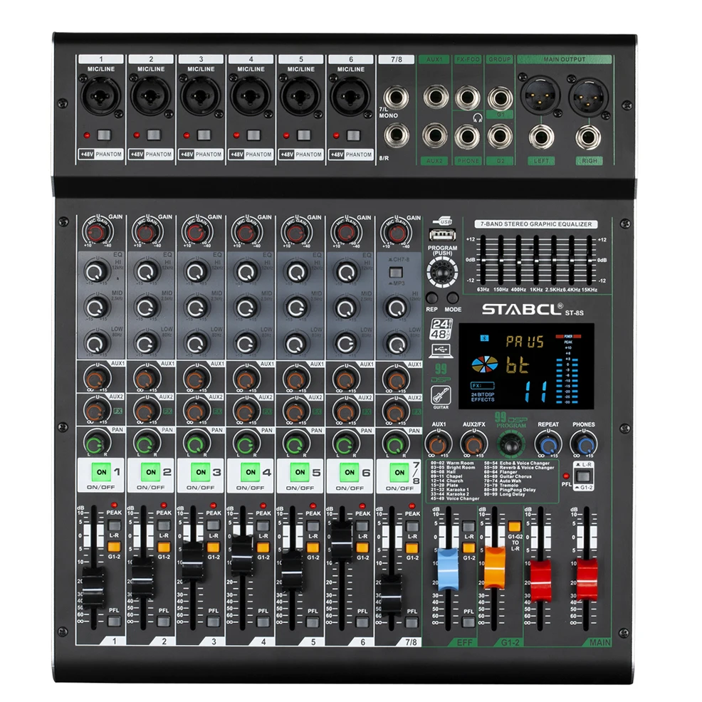 ST-8S Professional Digital Audio Console Mixer with 8 Channels Built-In 99 Reverb Effect and USB Bluetooth Connection for Clubs