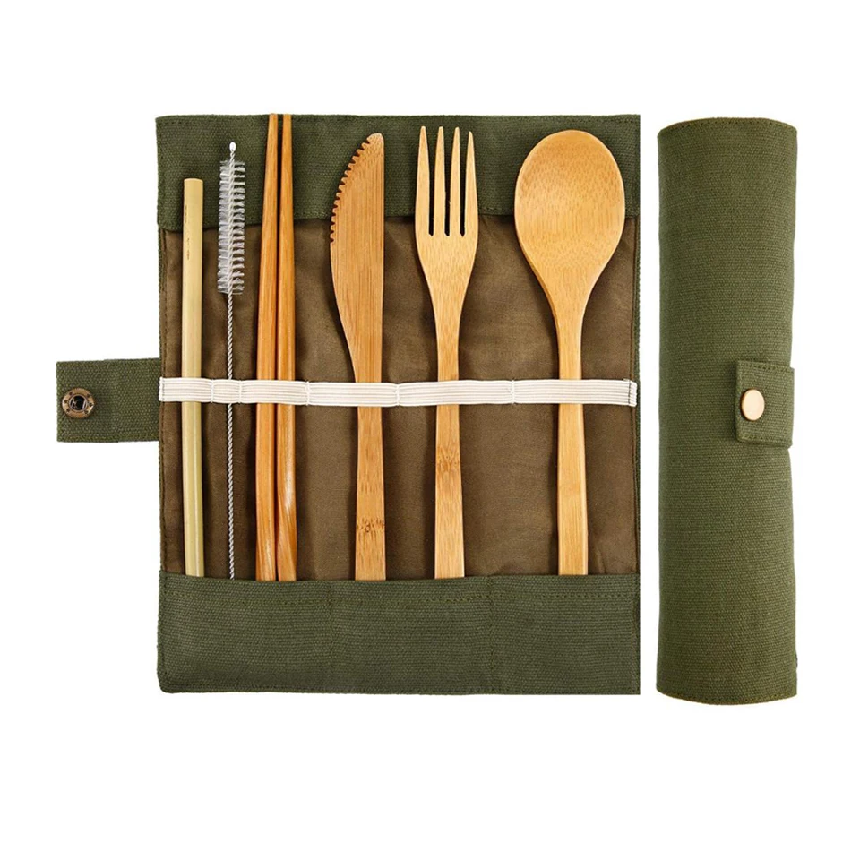 
Set of tableware made of natural bamboo with storage bag for picnic, travel and work 