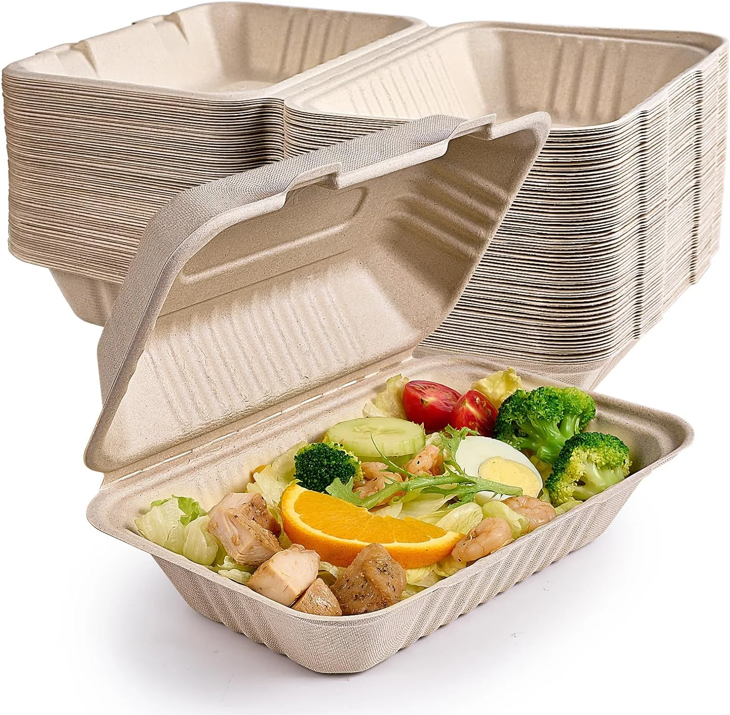 Clamshell Take Out Food Containers 100% Compostable Disposable to Go 9X6 Inch Sugarcane Bagasse Lunch Box