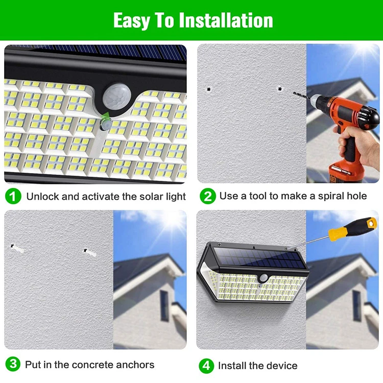 Новинка 2020 года, 266 светодиодов, солнечные светильники, уличные светильники с датчиком движения, уличные садовые солнечные стены