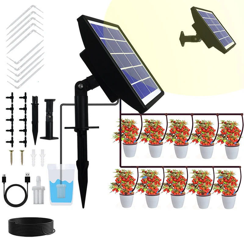 Solar Panel Vacation Auto Garden Watering System for 10-15 Potted Plants in Greenhouse, Balcony, Plant Bed