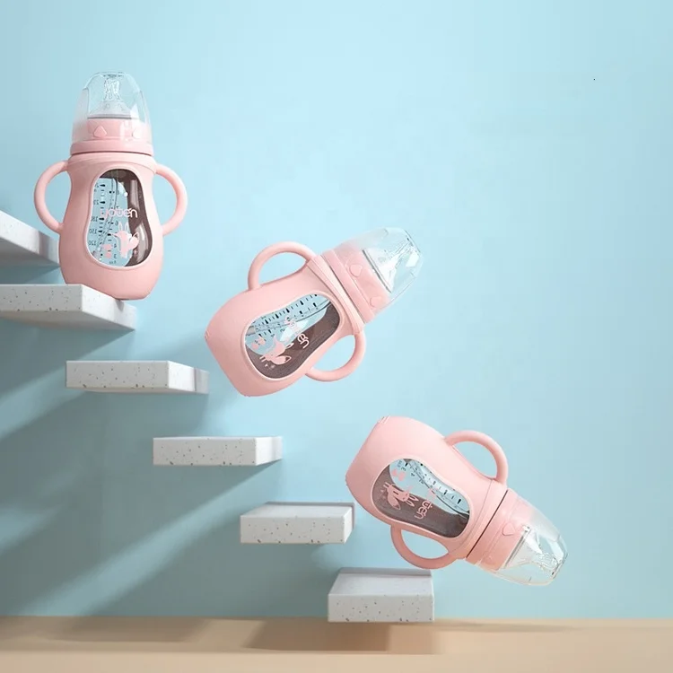 Newborn Baby Wide Mouth Glass Baby Feeding Bottle With Straw Silicone Anti-Drop Sleeve