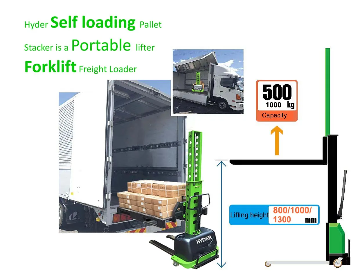 Electric powered self loading stacker for alternative solution to truck ramp and hydraulic pallet truck