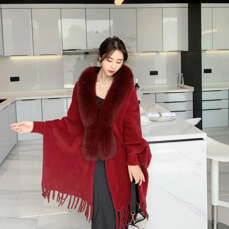 Ladies Faux Mink knitting Fur Shawl Fox Fur Collar Mid-Length Solid Color Tassel Fur Shawl