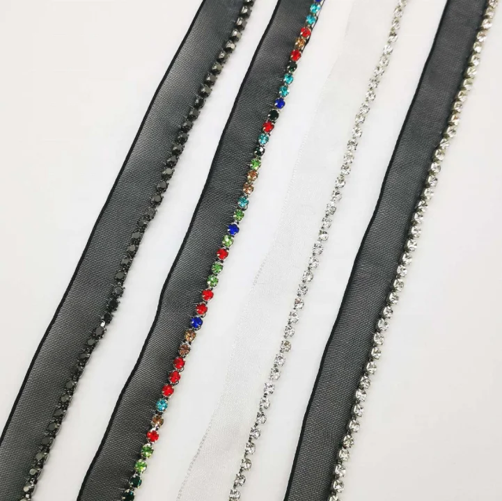 1 Row Rhinestone White Black Lace Trim Sew on Glass Crystal Chain Ribbon for Garment Shoes Bags Decoration