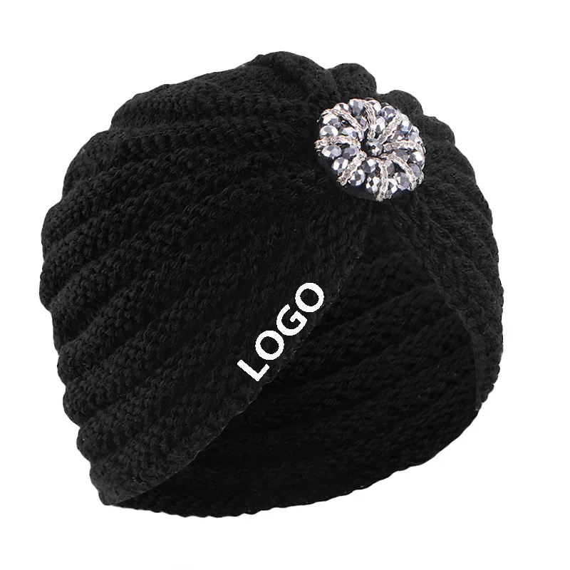 Wholesale Custom Logo Hair Accessories Outdoor Warm Acrylic Knitted Blank Winter Hat Beaded Jewelry Beanie Turban For Women