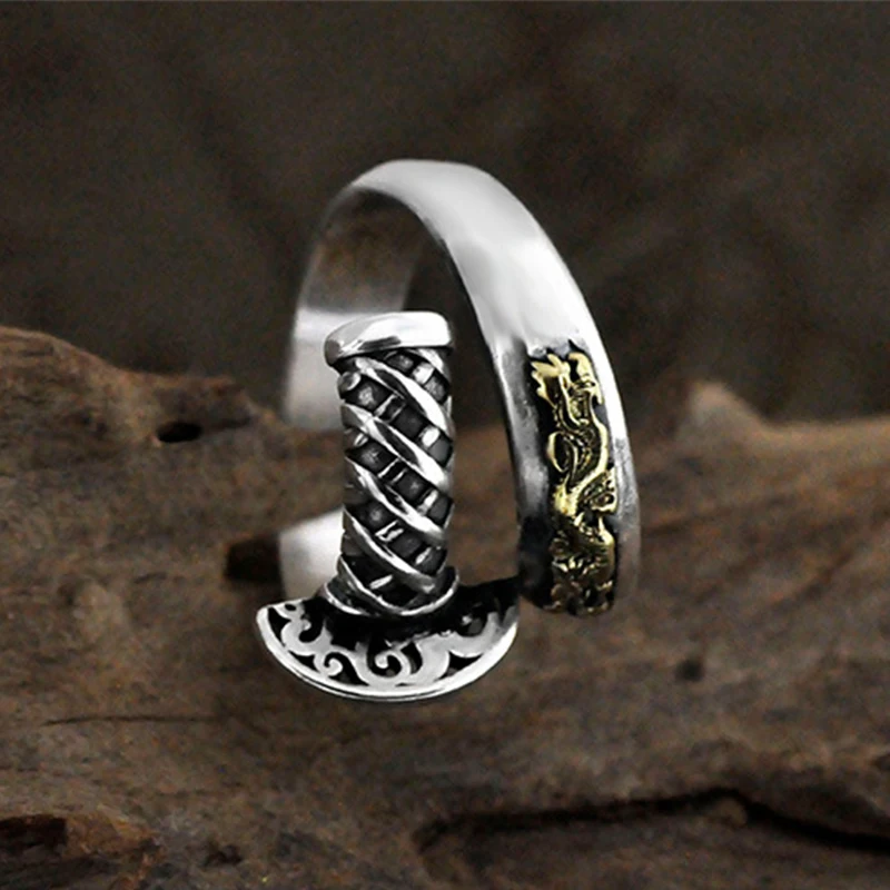 Unique Design Cool 925 Sterling Silver Brass Retro Sabre Solider Knife Open Ring Weapon Jewelry for Men Daily Wear Party  Gift