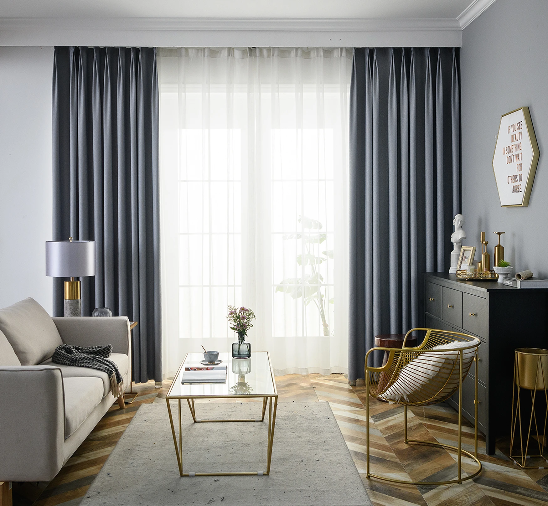 LOW MOQ grey luxury high-precision simple thickening  shading blackout curtain for living room