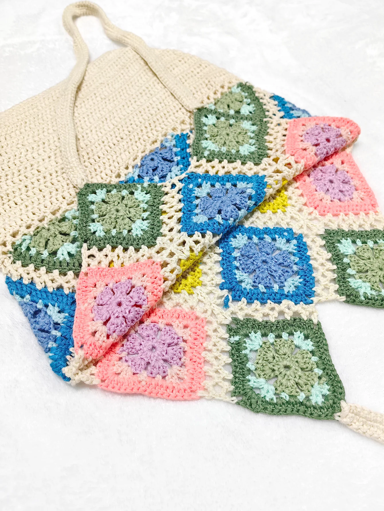 Factory Bohemian Handmade Crochet Party Granny Colorful Square Hobo Flowers Cotton Cord Tote Shoulder Bag Casual Shopping Bag