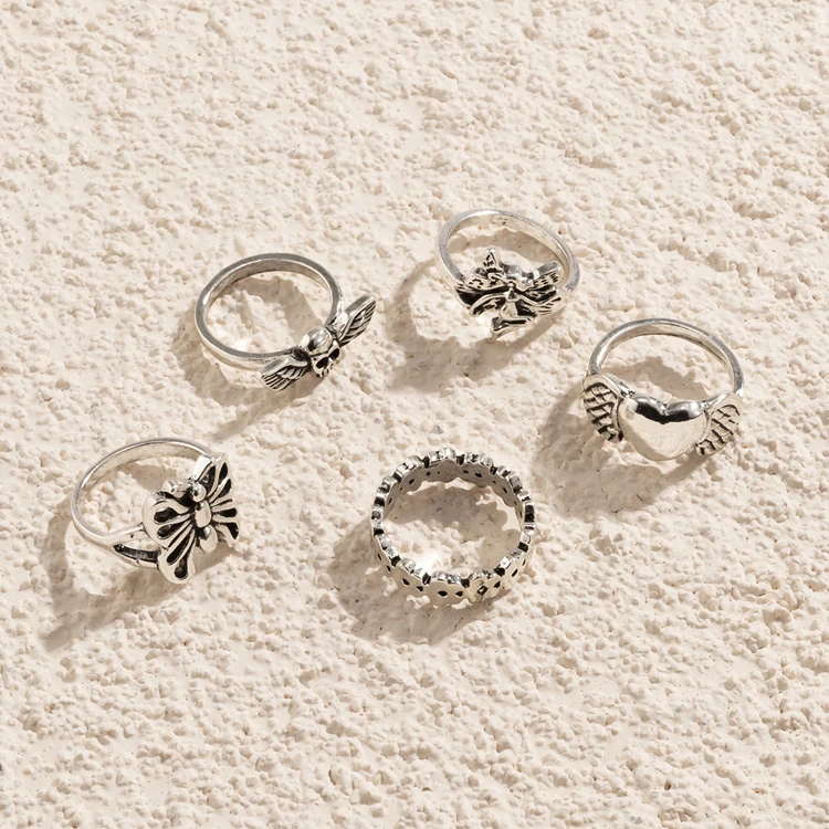 2021 new bee geometric ring retro silver flower heart-shaped wings ring set female