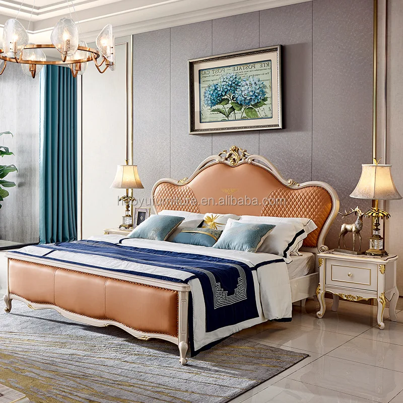 1603#Antique Luxury European Baroque Bed French Provincial Wedding Hand Carved Wooden MDF Bedroom Set Cardboardfurniture