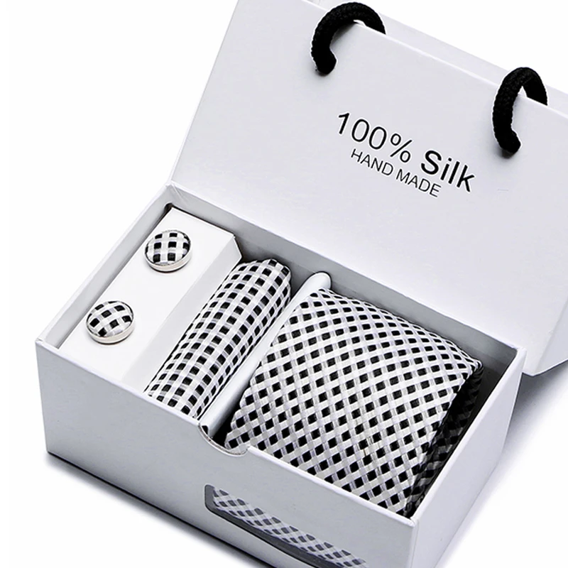 2.95inch(7.5 Cm) Width Plaid Blue Man Tie Handkerchief and Cufflinks Gift Box Packing Many Color