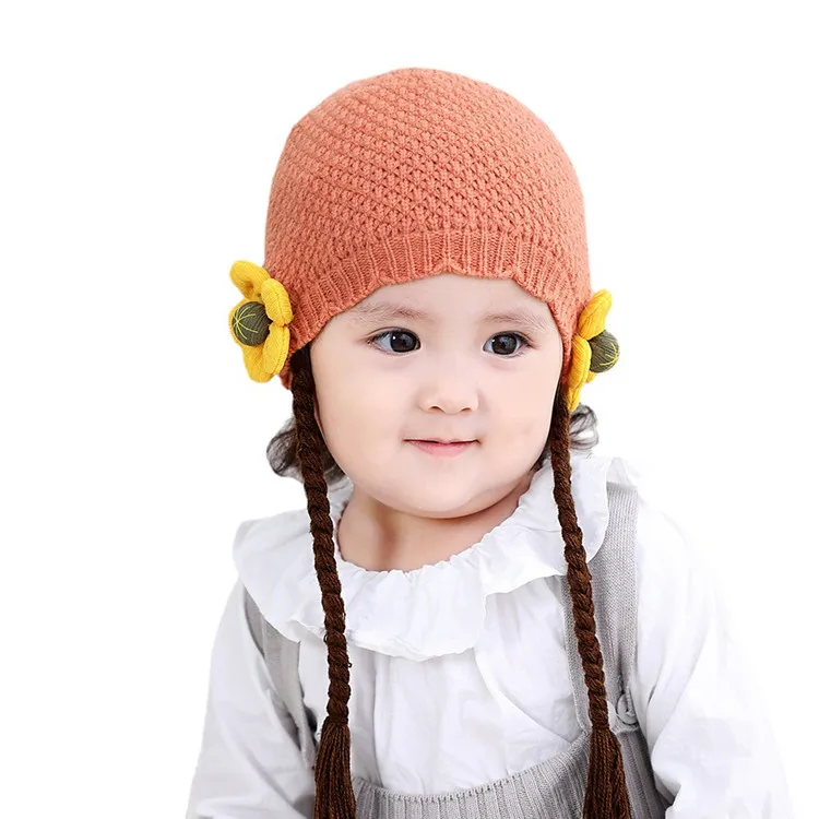 Factory price 2021 new baby winter hat cute wig cotton lining knitted hats