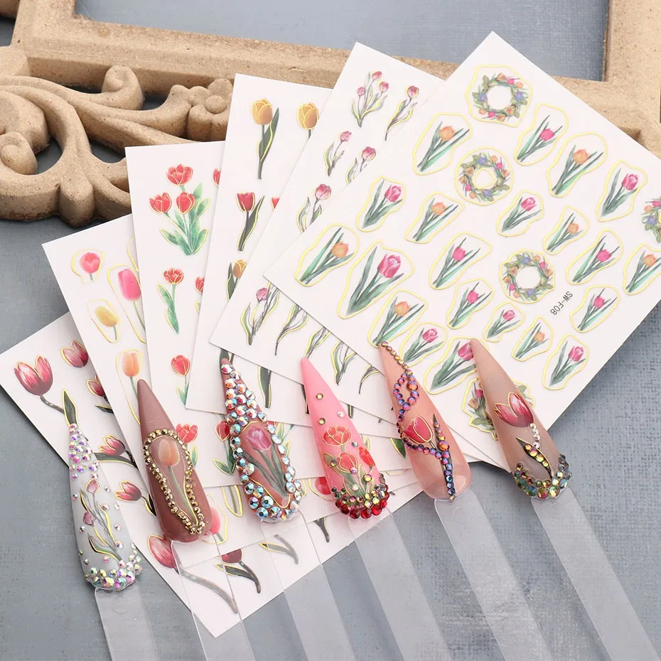 Spring Tulip Manicure Sticker Pink Oil Painting Style Tulip Flower Adhesive Waterproof Nail Sticker