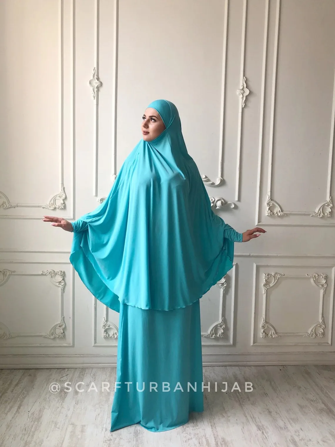 Islamic Ramadan Muslim Turquoise Jersey Long Hijab With Skirt Two Piece Sets Telekung Prayer