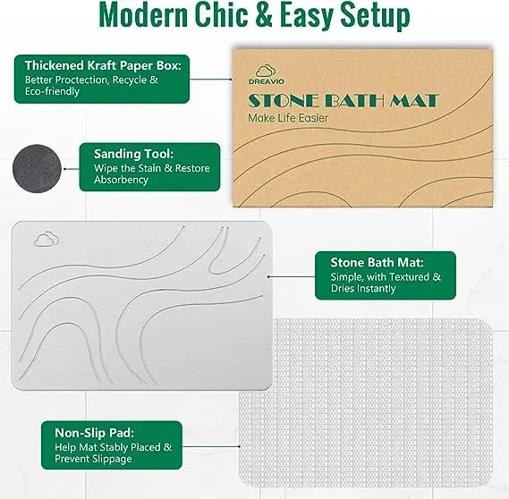 Eco-Friendly Anti-Slip Anti-Mould Super Absorbent Bath Mat Modern Printing Marble Design Custom Size Diatomaceous Earth Bathmat