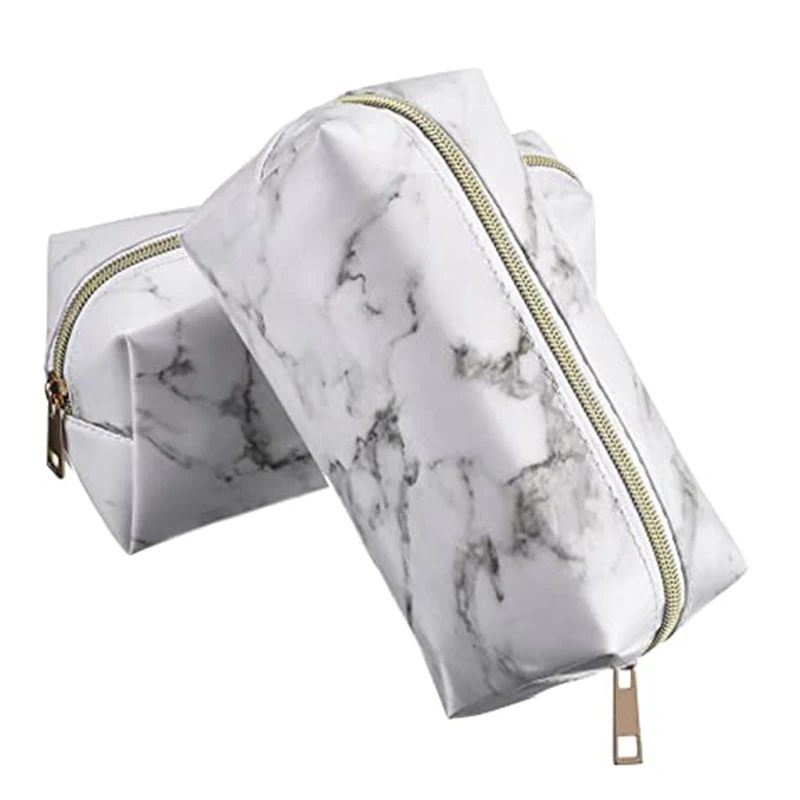 Custom Printing Full Marble Pattern Pu Leather Cosmetic Bag Rectangle Large Capacity Storage Brushes