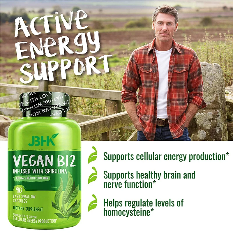 OEM Vegan B12 Capsules Infused with Spirulina 1000MGG,90Capsules Methylcobalamin Dietary Supplement