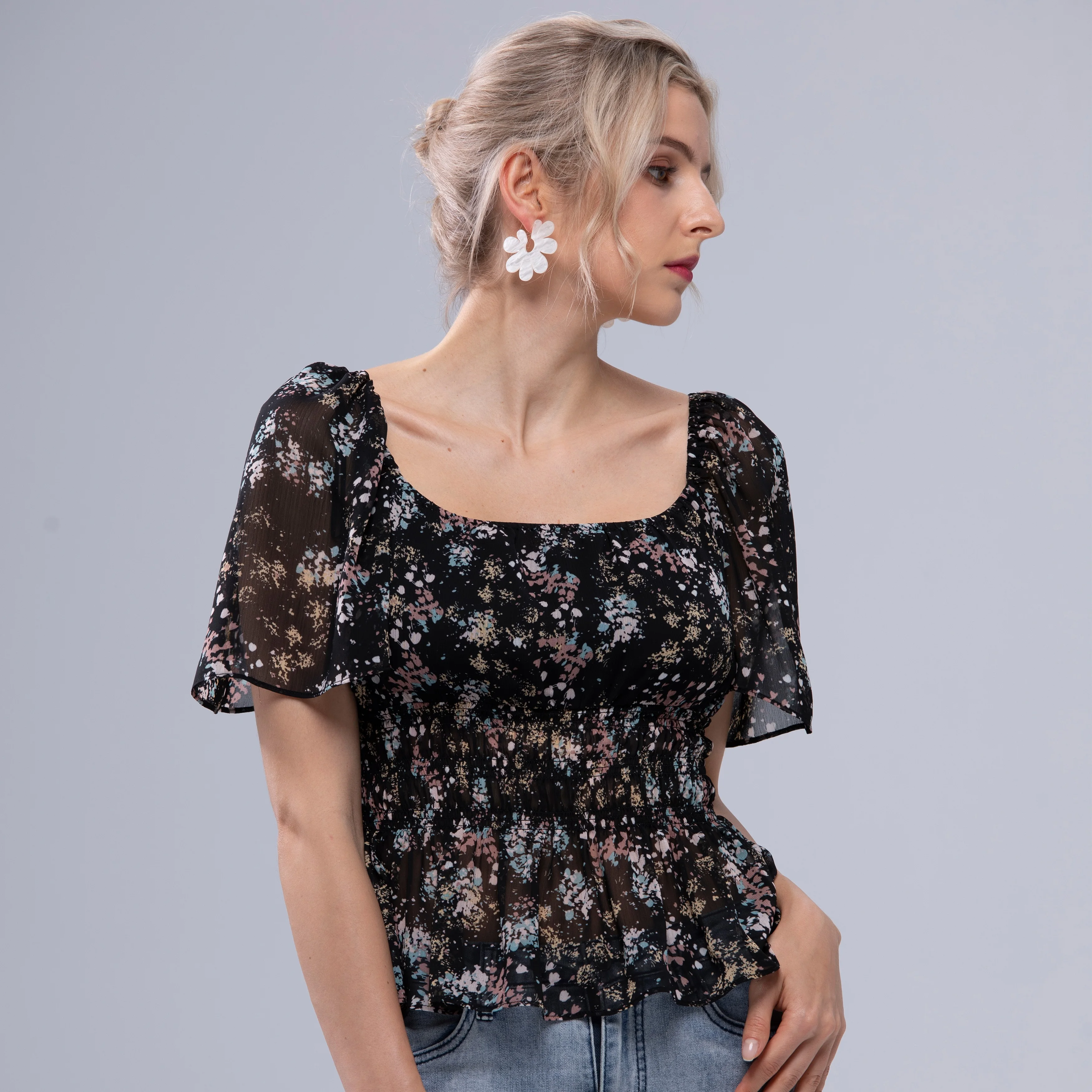 Ladies Trendy Casual Ruffle Sleeve Tops Women Fashion Chiffon Shirts Tops Blouse for Summer