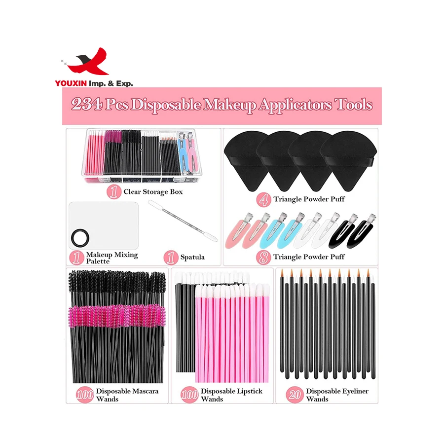 Factory Wholesale Makeup Tool Eyelash Brush Eyebrow Brush Lip Brush Hairpin Color Palette Powder Puff Disposable Makeup Tool Set