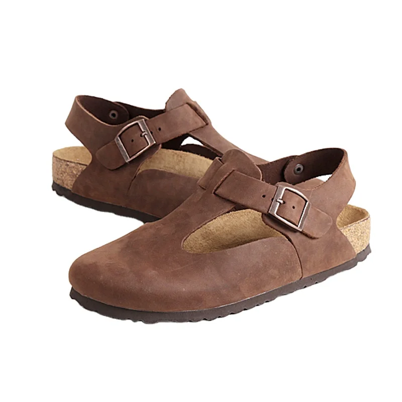 Health Care Style Custom Fashion Summer Outdoor Beach Slipper Arch Support Buckle Men Genuine Leather Cork Sole Sandals