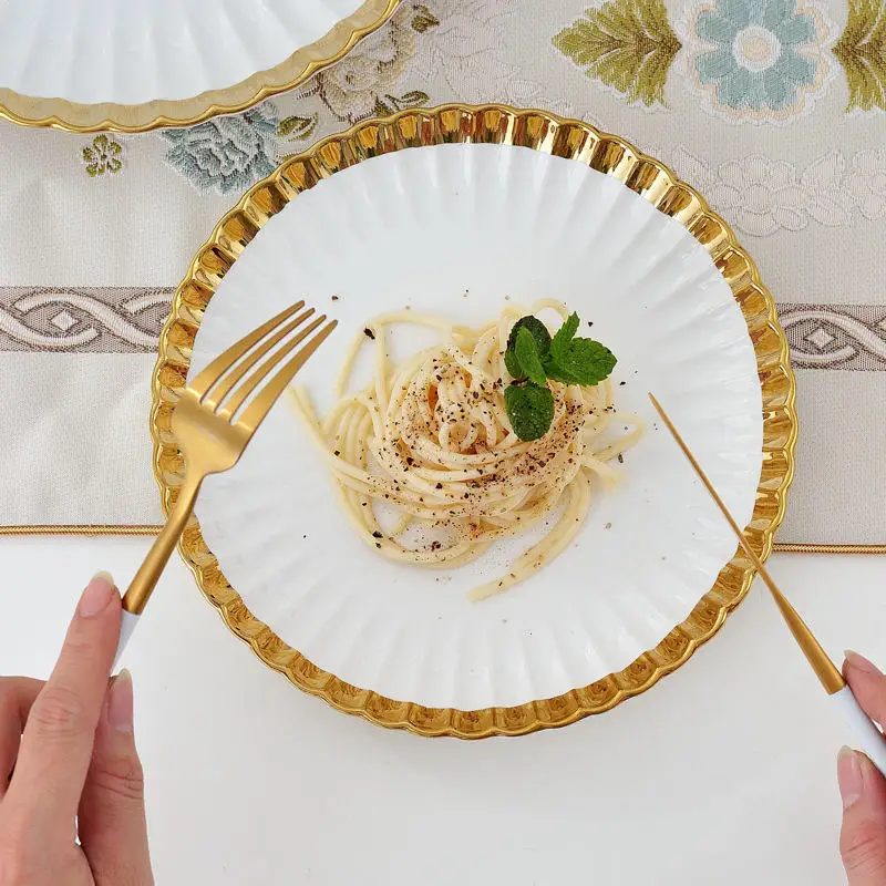 Modern Minimalist Light Luxury Gold Tableware Set, Saudi Style Emboss Tableware with Gold Rim