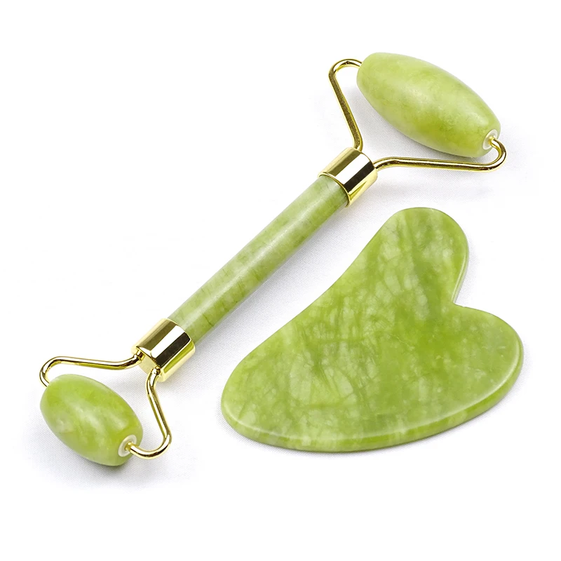 
High Quality Green quartz jade stone roller facial guasha massage tool Green jade roller gua sha with box 