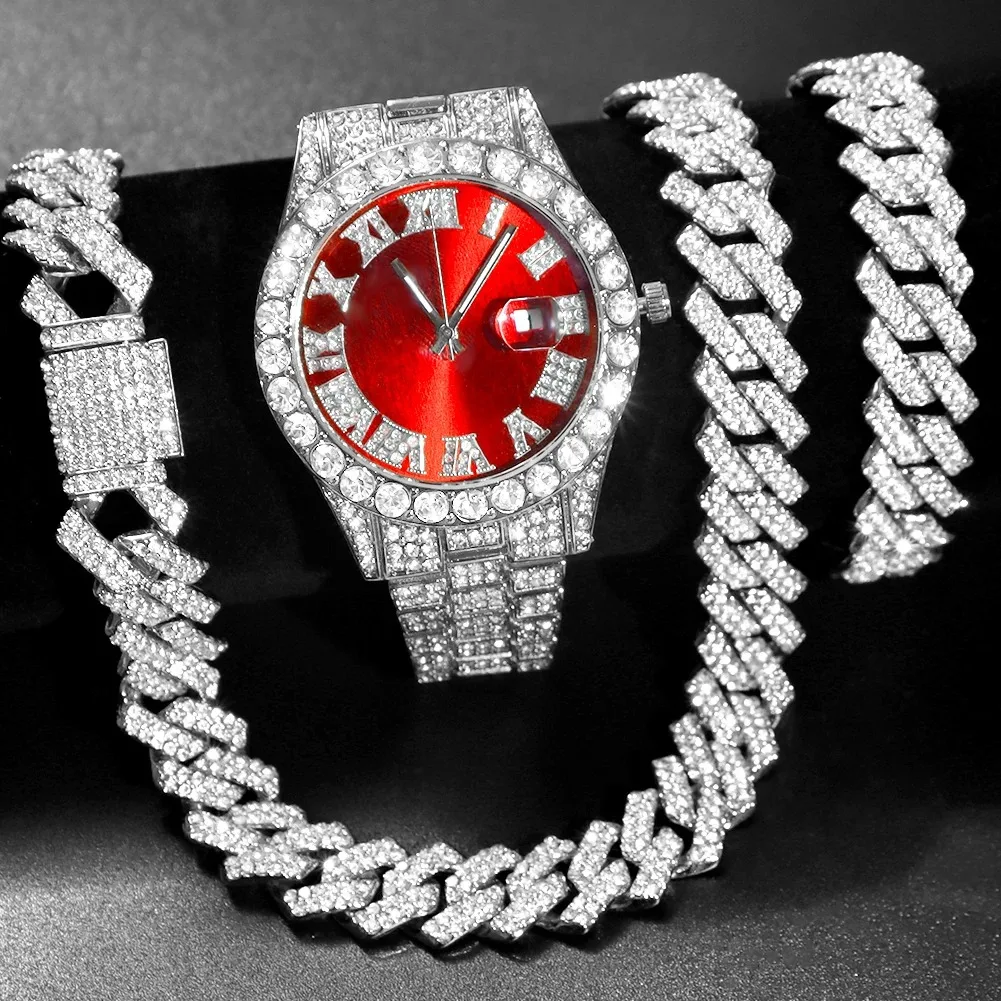 Hip Hop Watch+Bracelet+Necklace set Iced Out Watch For Men Cuban Chain Rapper Necklaces men watches Set Punk Party Jewelry Gift