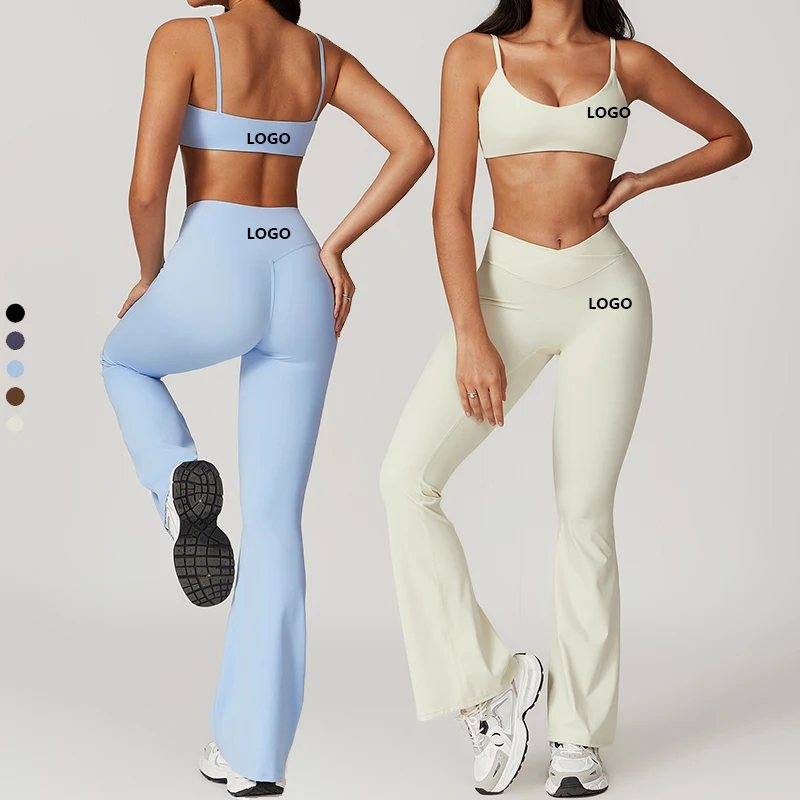 XW-TZ8799-1 High Quality Plus Size Custom Logo Summer Sports Wear Flare Legging Solid Yoga Outfits For Women 2 Piece Set