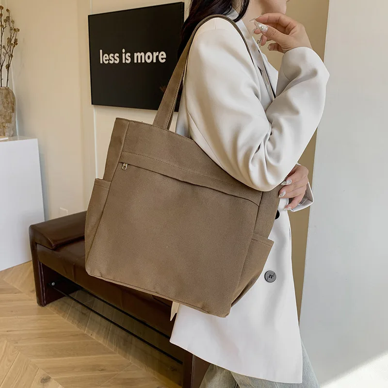 Custom logo simple design canvas tote bag portable large capacity women lady gril leisure underarm bag for daily use