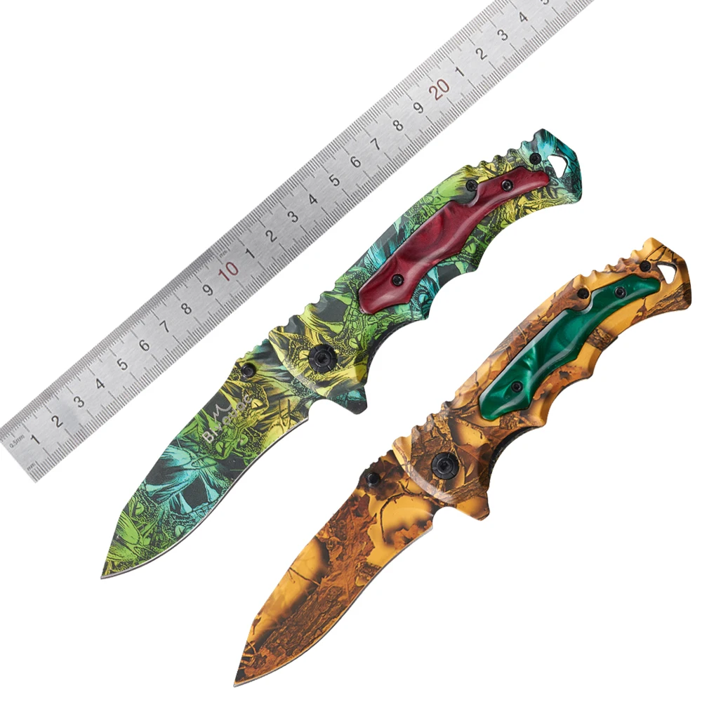 CustomOEM Wholesale  Titanium Steel Folding Knife Portable Outdoor Camping and Hunting Survival Tool with Green Yellow Handle