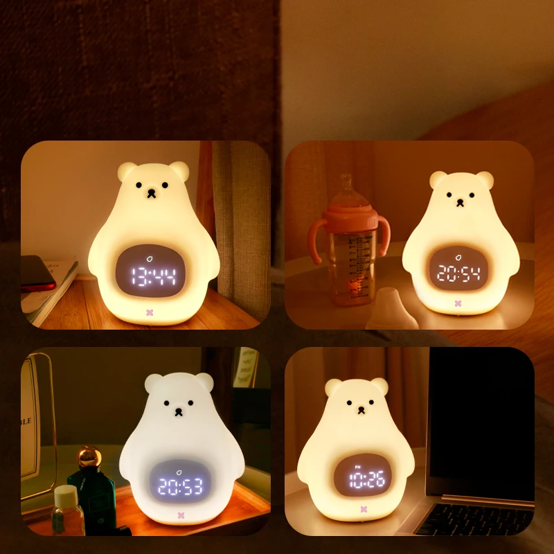 Bear Night Light Cute Kids Alarm Clock Soft BPA-Free Silicone Portable Nursery Lamp Children USB Rechargeable Nightlight