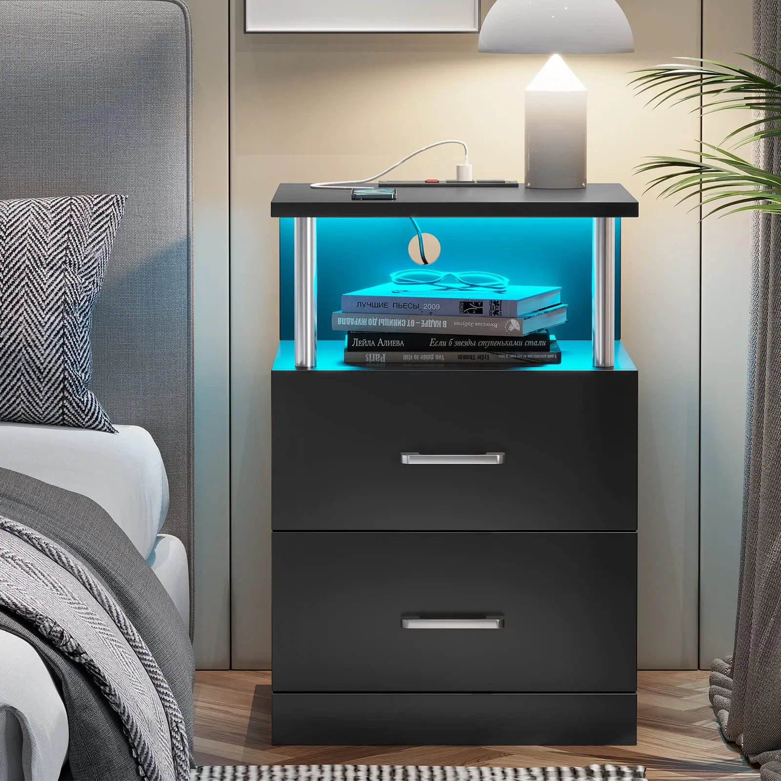 Nightstand with Charging Station and LED Lights Nightstands Bedside Table Modern End Side Table for Bedroom