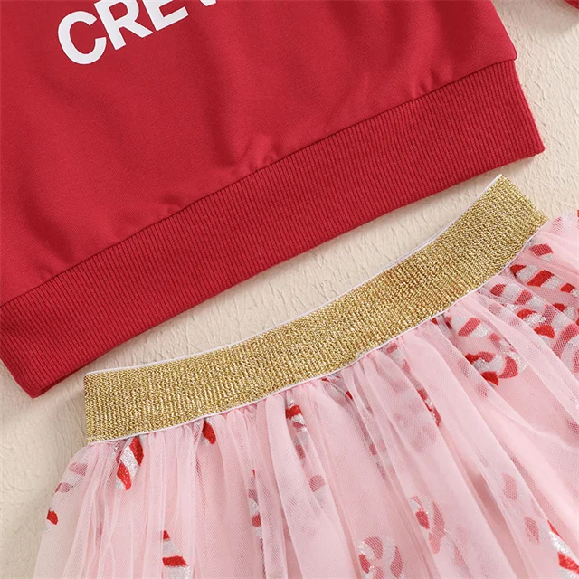 1 Pcs Custom Tag Christmas Outfit  Long Sleeve Crew Neck Letters Print Sweatshirt Candy Cane Tulle Skirt Girls Toddler Outfit