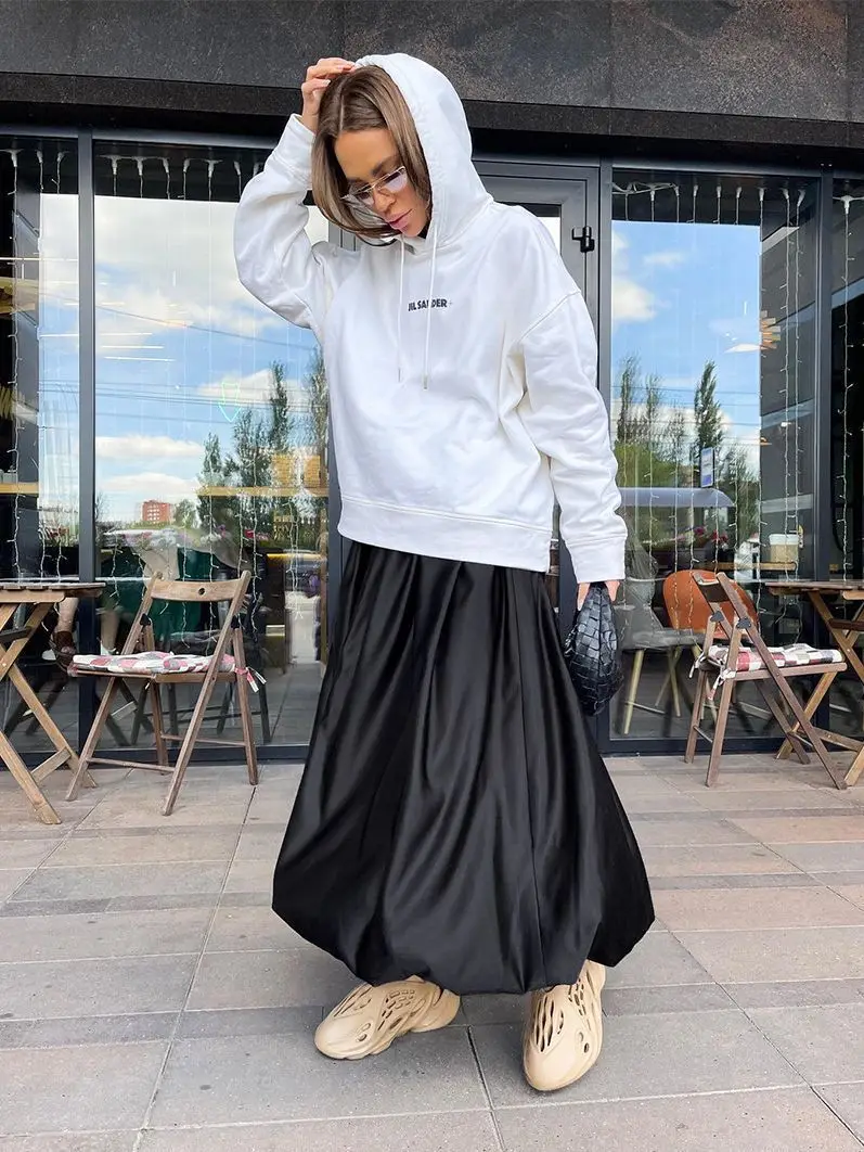 2023 new arrival women balloon skirt solid color elegant satin midi bubble skirts