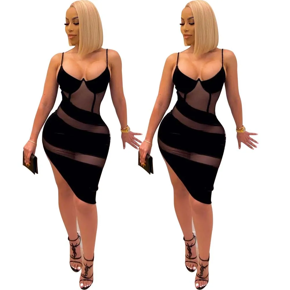 2021 Summer Woman Mini Dress Ladies Sleeveless Bodycon Black Mesh See Through Night club  Dress