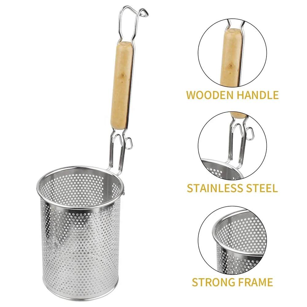 Mesh Pasta Basket with Wooden Handle Stainless Steel Mesh Spider Strainer for Pasta, Noodles, Dumpling