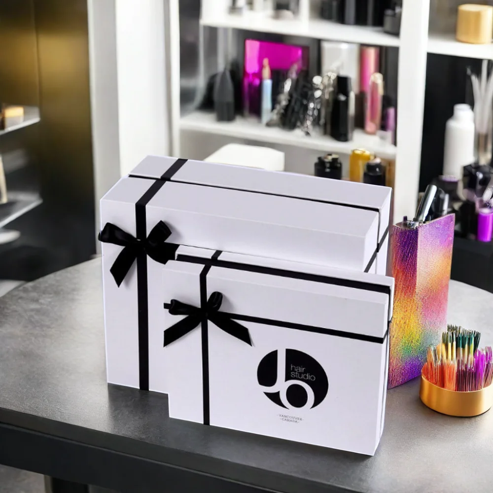 Custom box for hair product luxury hair wig packaging black white box lid and base paper gift box with ribbon bow