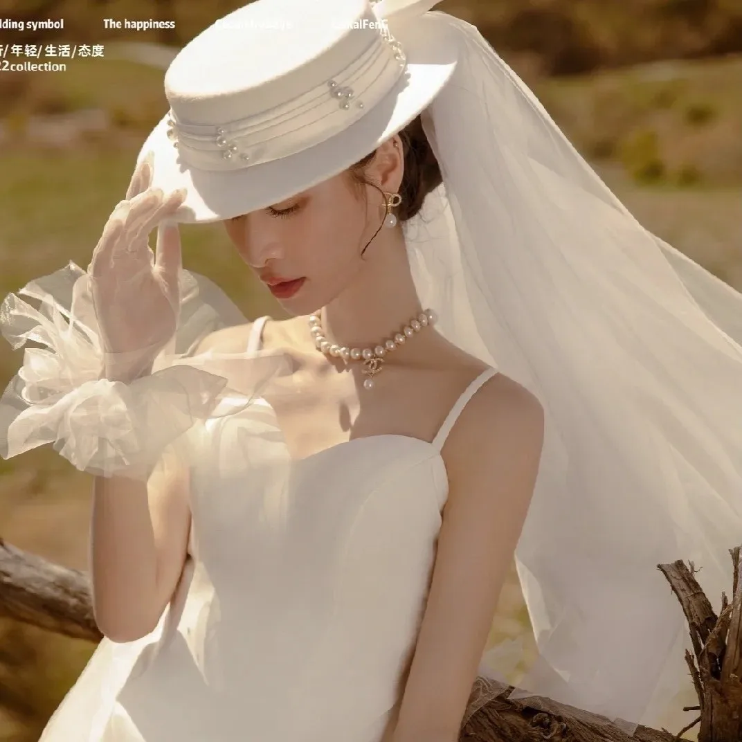 New French top hat veil vintage wool tweed elegant white bow hat Hair accessories royal househ long yarn flower top hat