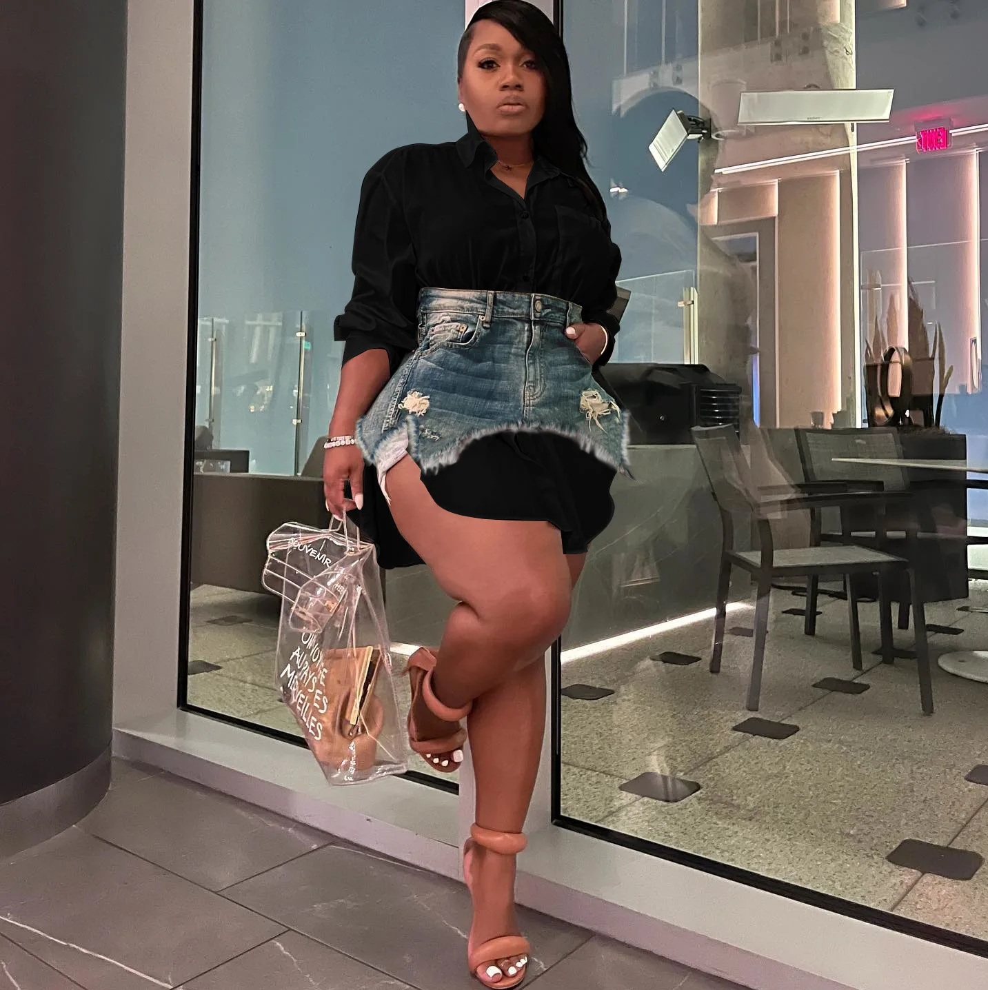 Hot Sell White button down custom plus size long sleeve loose ladies mini Casual Ripped Denim Skirt Shirts  Dresses For Women