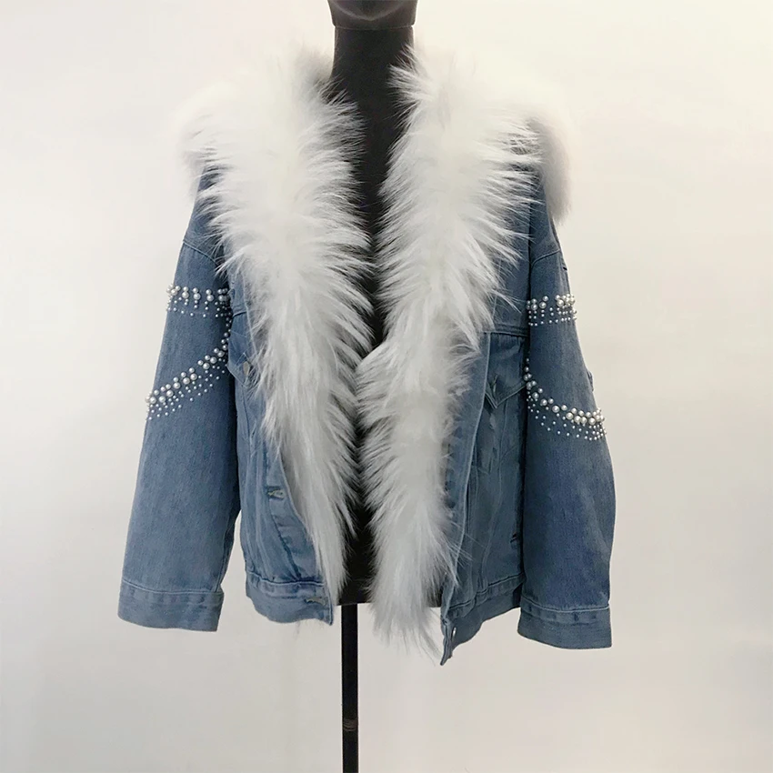 New Design Fur Hood Parka Winter Parkas Womens Warm Casual Denim Real Raccoon Fur Parka