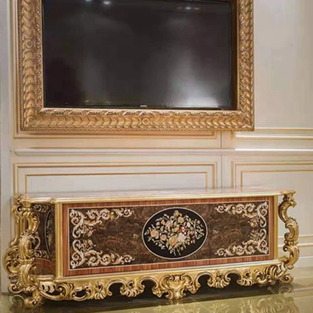 Italy design Luxury Carved Wood TV Stand, Classic Marquetry Inlaid TV Cabinet, Antique French style Sideboard