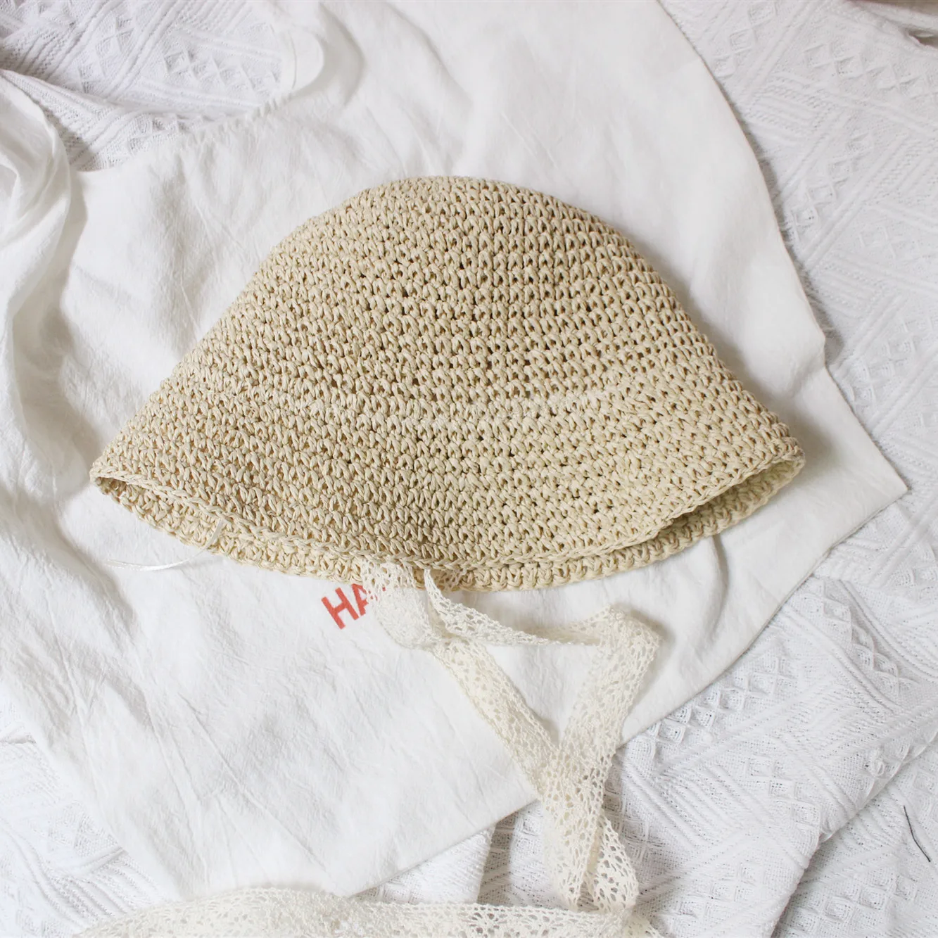 Wholesale Kids Straw Hats with long lace Summer Sun Hats for children 100% handmade sunscreen cap baby girls Brim Bucket hat