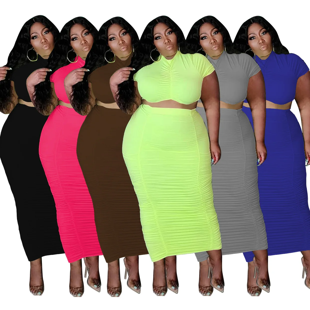 Plus Size XL-5XL Solid Women Two Piece Set Maxi Midi Skirts Suit Tracksuit Fitness Outfit Matching Set Dress