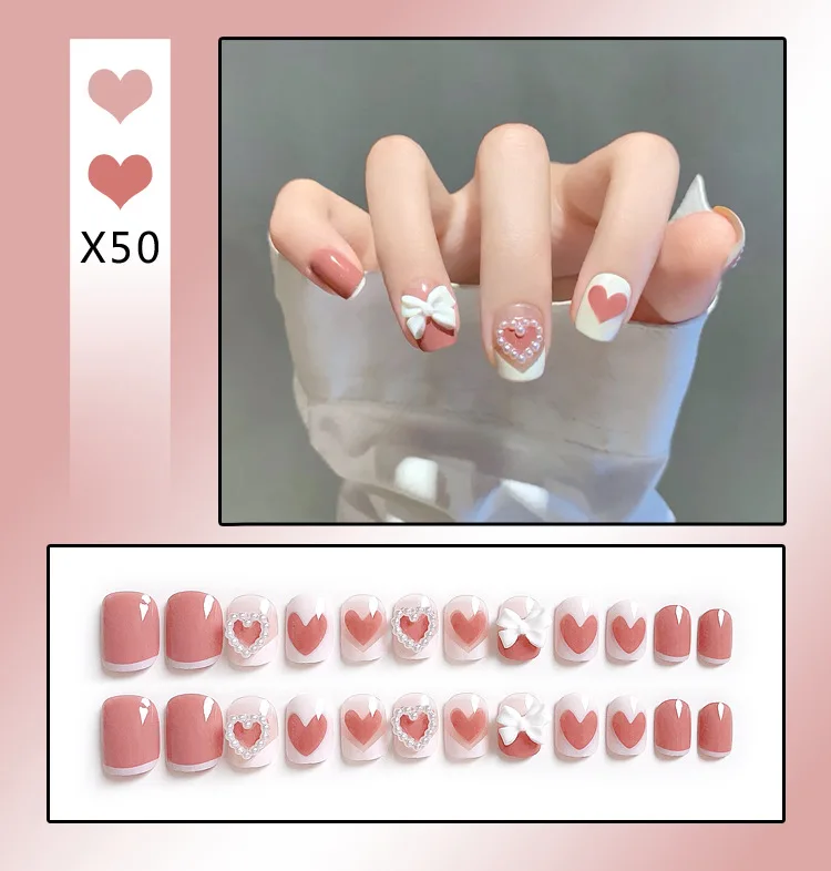 X46 24 pieces package of fake nails, gentle bean paste bow, removable and reusable nail art press on nails