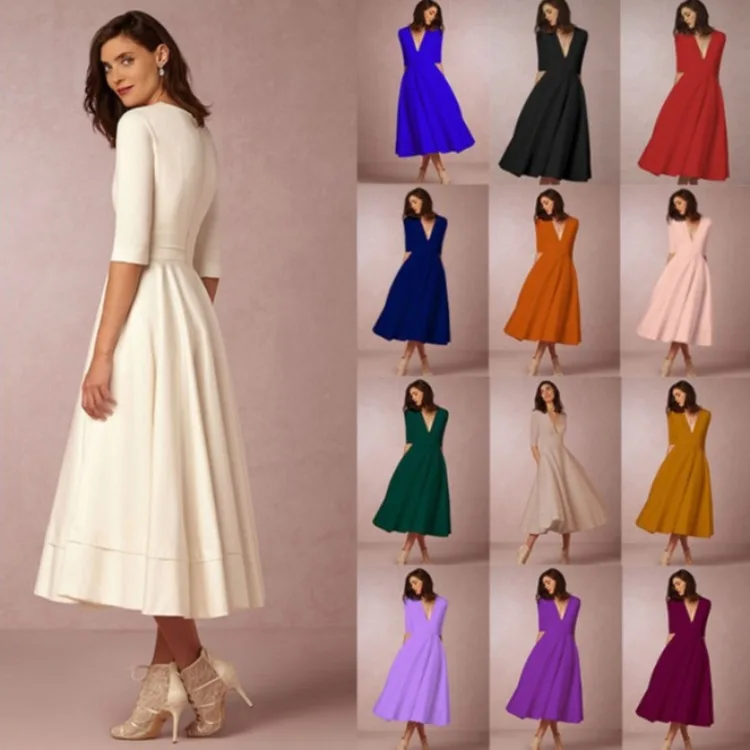 2021 Autumn Dress Solid Color Elegant Casual Dress Western Long Fall Dress for Women