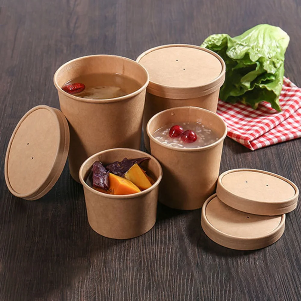 Custom disposable round Salad hot soup bowls food packing take away brown kraft paper soup cup with paper Lid