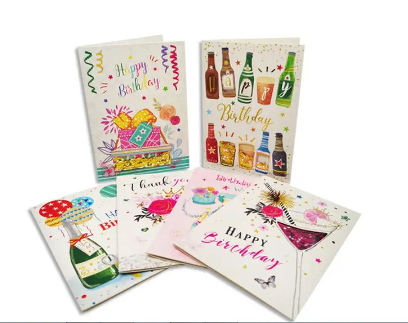 Luxury Sequin paper crafts Shake Happy Birthday Cards Custom Printing Funny Handmade 3D Greeting Cards