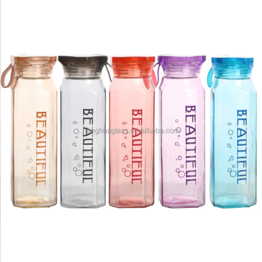 350ml 500ml Outdoor Sports Portable Leak-proof  Glass Drink Water Bottle Gift Cup With Plastic Cap Carring Loop Wholesale